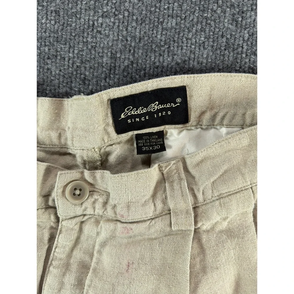 Eddie Bauer Mens 35x30 Pleated 100% Linen Pants Khaki Beige‎ Cuffed Relaxed Fit